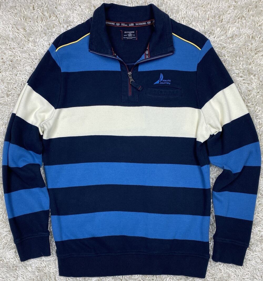 Dunmore Nautic Journey Men's Quarter-Zip Striped Rugby Sweater Sz L (EU52) Navy